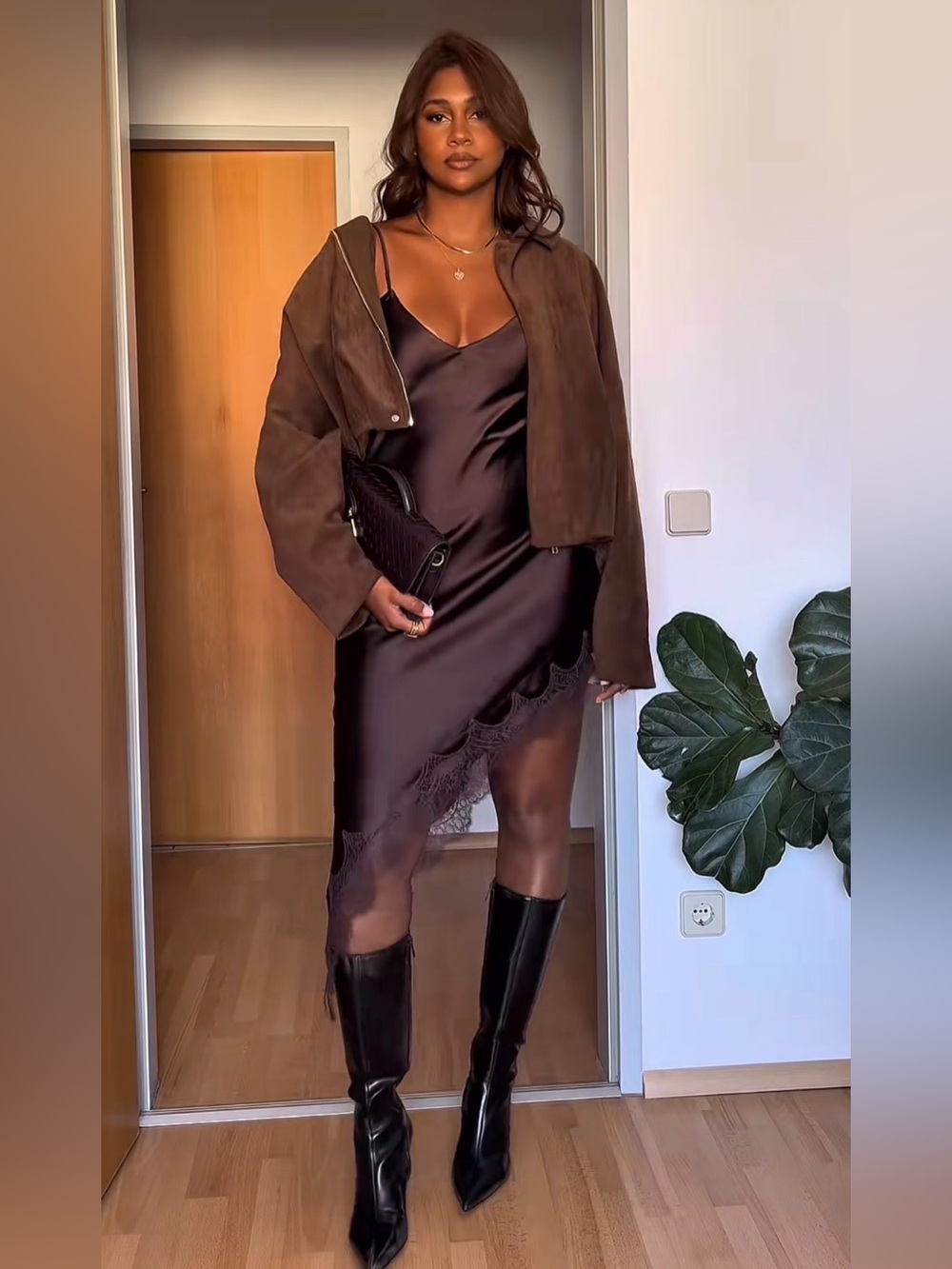 Zara Satin Slip Dress with Lace Hem in Deep Brown - Picture 13 of 17